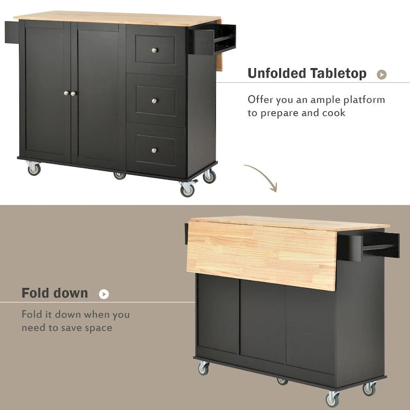 Rolling Kitchen Island with Drop Leaf Breakfast Bar Solid Wood Top 3 Drawers and Spice Rack