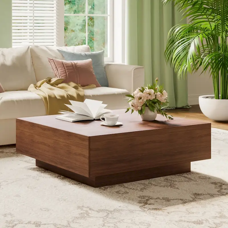 Mid Century Modern Coffee Table, Minimalist Wood Veneer Coffee Table with Storage for Living Room, Fully-assembled