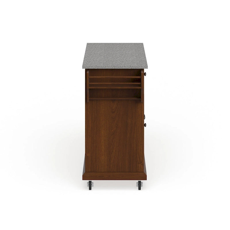Cherry Rolling Kitchen Cart with Gray Granite Top 3 Cabinets 2 Drawers and Spice Rack
