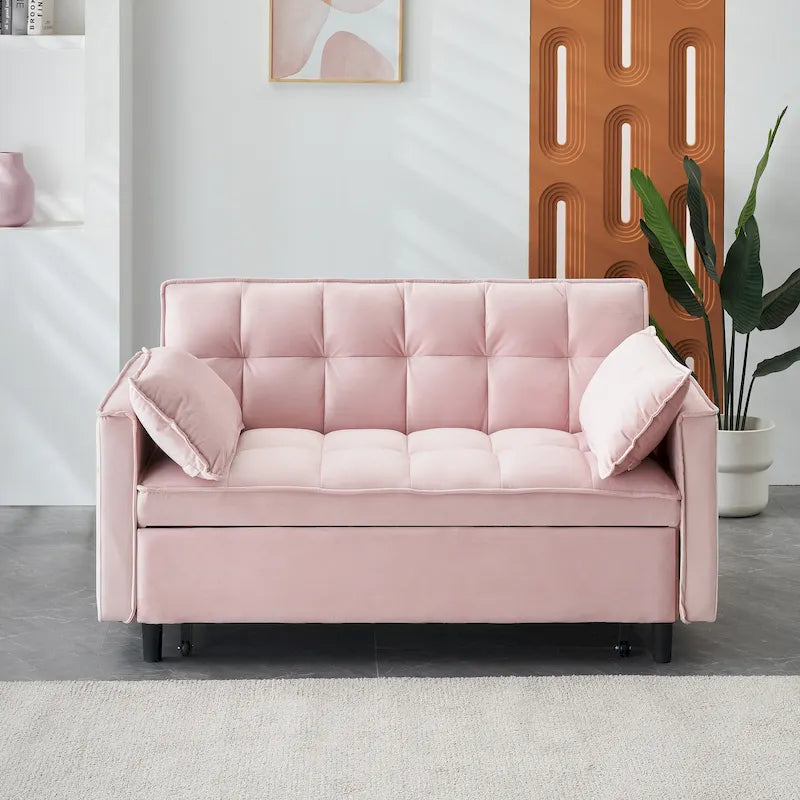Pink Velvet Convertible Loveseat Sofa Bed with Tufted Backrest and Throw Pillows