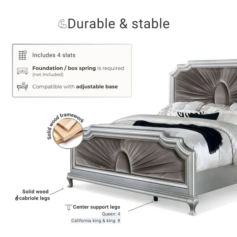 Glam Silver Solid Wood Panel Bed