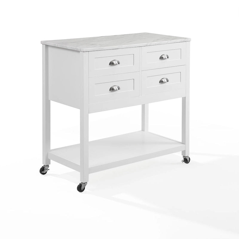 Modern Farmhouse Kitchen Island Cart with 4 Drawers Faux Marble Top and Casters