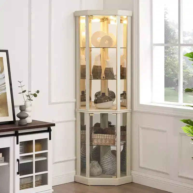 Corner Cabinet, Curio Cabinet with Glass Doors and Shelves, Corner Display Case for Living Room