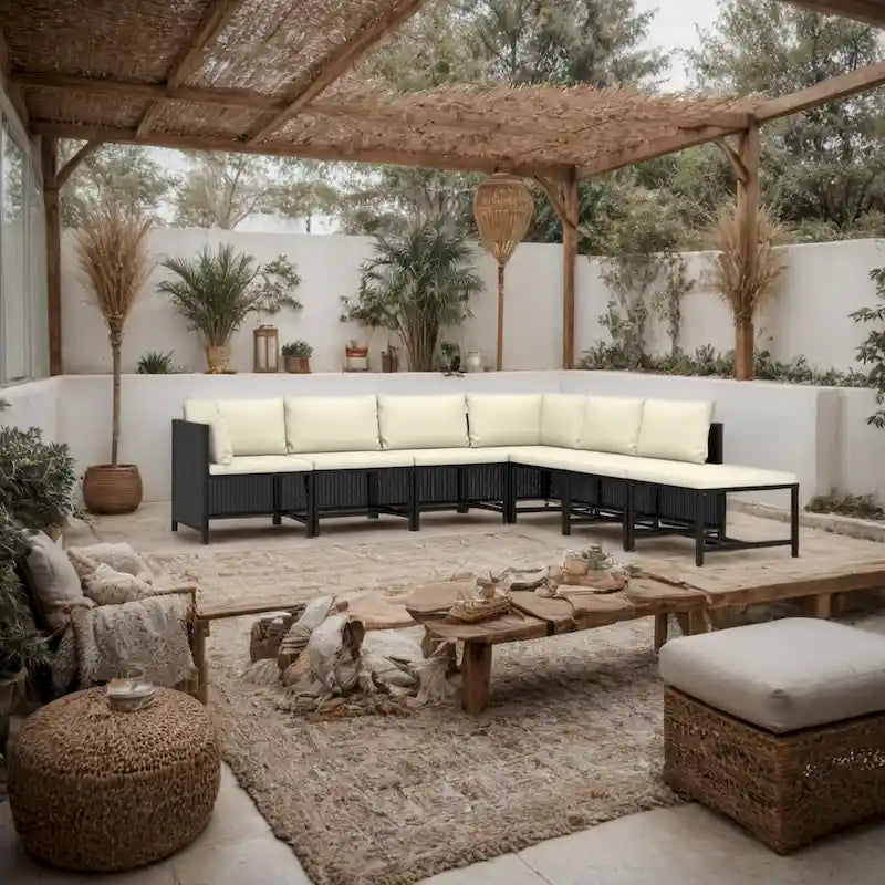 Avio 7pc Outdoor Modular Sofa Set, Square Shape, Poly Rattan, Black