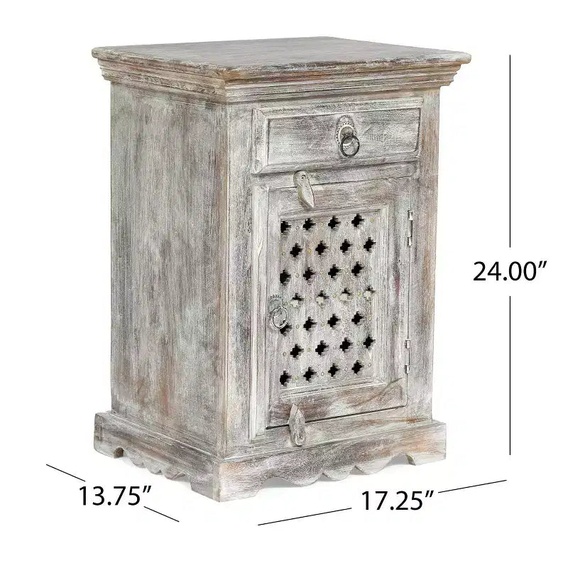 Handcrafted Boho Mango Wood Nightstand, Distressed White