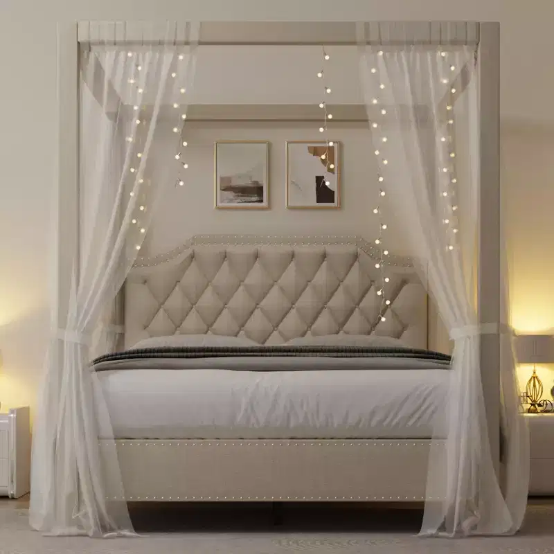 Queen Size Canopy Bed Frame with Nailhead Decoration HeadboardUpholstered Bed Frame with Poles 4 Corner Bed Bracket,Solid Wood Slats Support