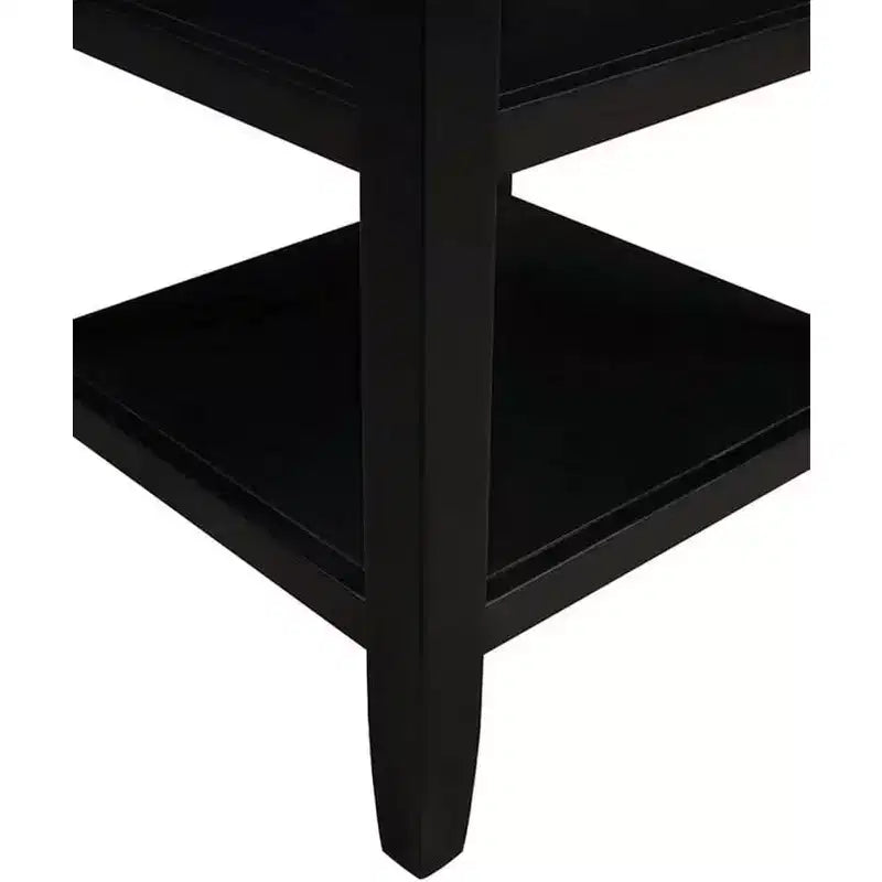 End Table with Lower and Middle Shelf, Transitional Rubberwood Side Table, Black