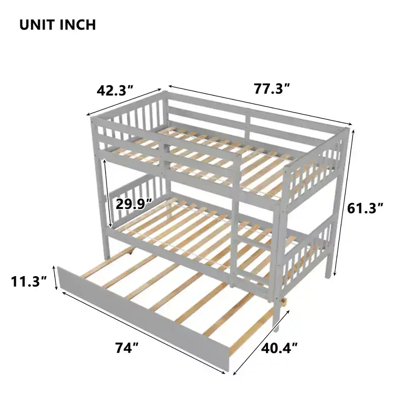 Twin Over Twin Modern Wood Bunk Bed with Trundle, Convertible into 2 Beds