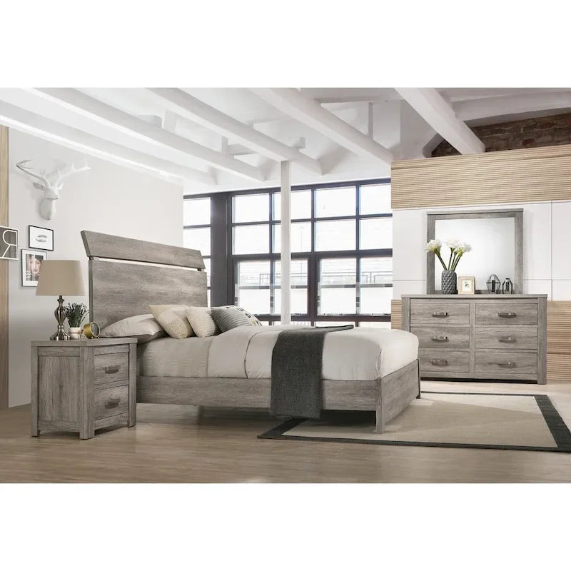 Roundhill Furniture Floren Contemporary Weathered Gray Wood Bedroom Set, Panel Bed, Dresser, Mirror, Nightstand, Chest