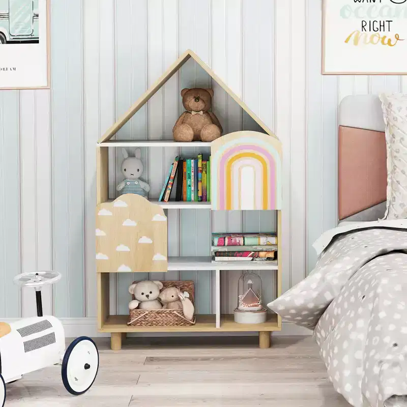 House-Shaped Kids Bookshelf 4-Tier Toy Storage Organizer w/ Open Compartments