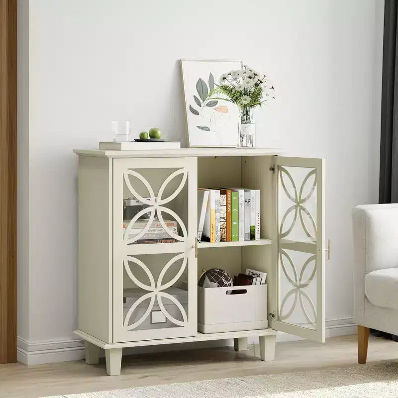 CLIHOME Freestanding Sideboard Buffet With Adjustable Shelves, Modern Retro Kitchen Console Table, 2-Door Decorative Storage Cabinet, Cream Color