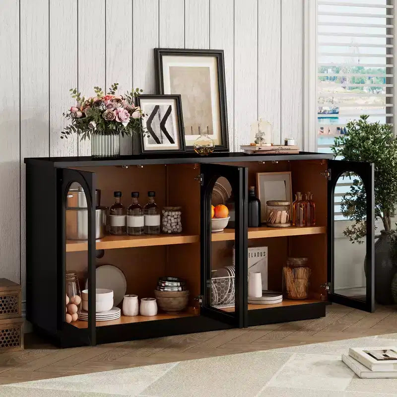 Floor Storage Cabinet with 4 Arched Glass Doors, Living Room Accent Sideboard Buffet Cupboard for Hallway, Entryway, Home Office