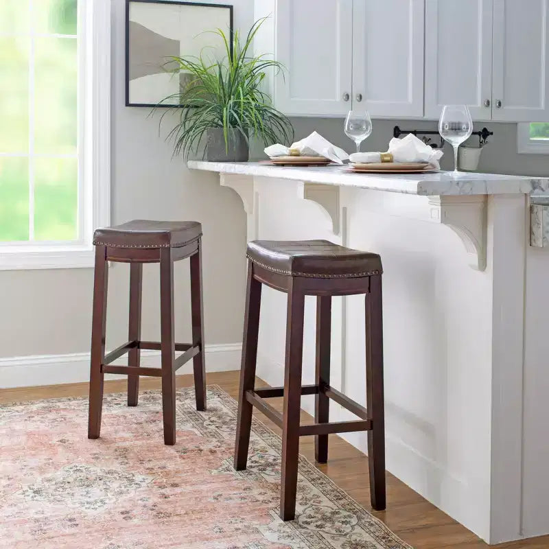 Set of 2 Faux Leather Barstools - Armless, Backless with Footrest, Fixed Height
