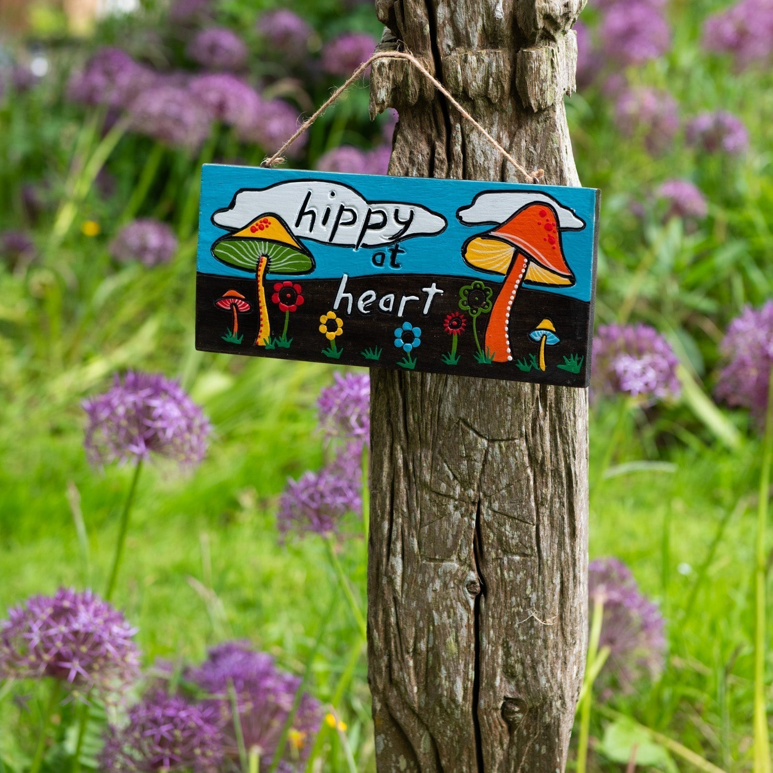 Hippy at Heart, Hand-Painted Mushroom Wood Hanging Plaque