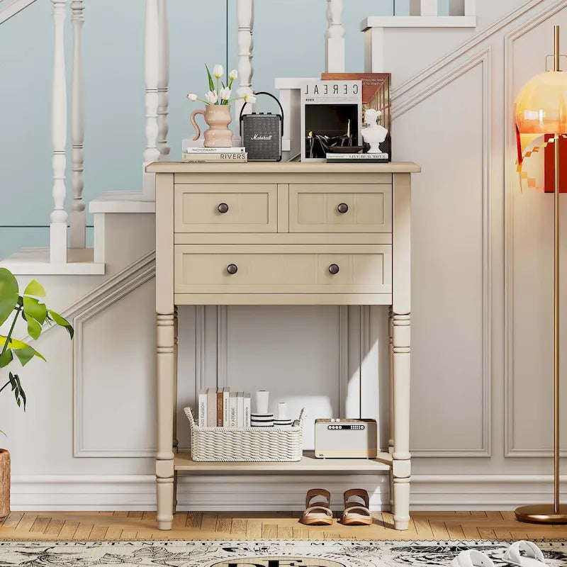 Narrow Console Table with Drawers and Bottom Shelf