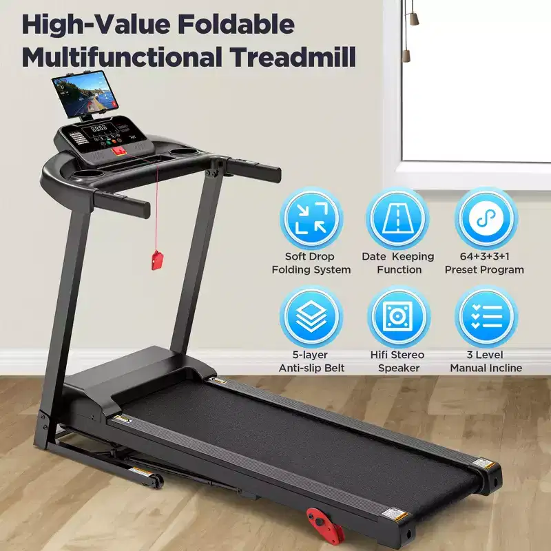 2.75HP Folding Treadmill w/ 300lb Capacity, 3 Incline, 7.5MPH Portable Treadmill for Home , 64+6+1 Program, Smart APP, Bluetooth HiFi Stereo Speakers