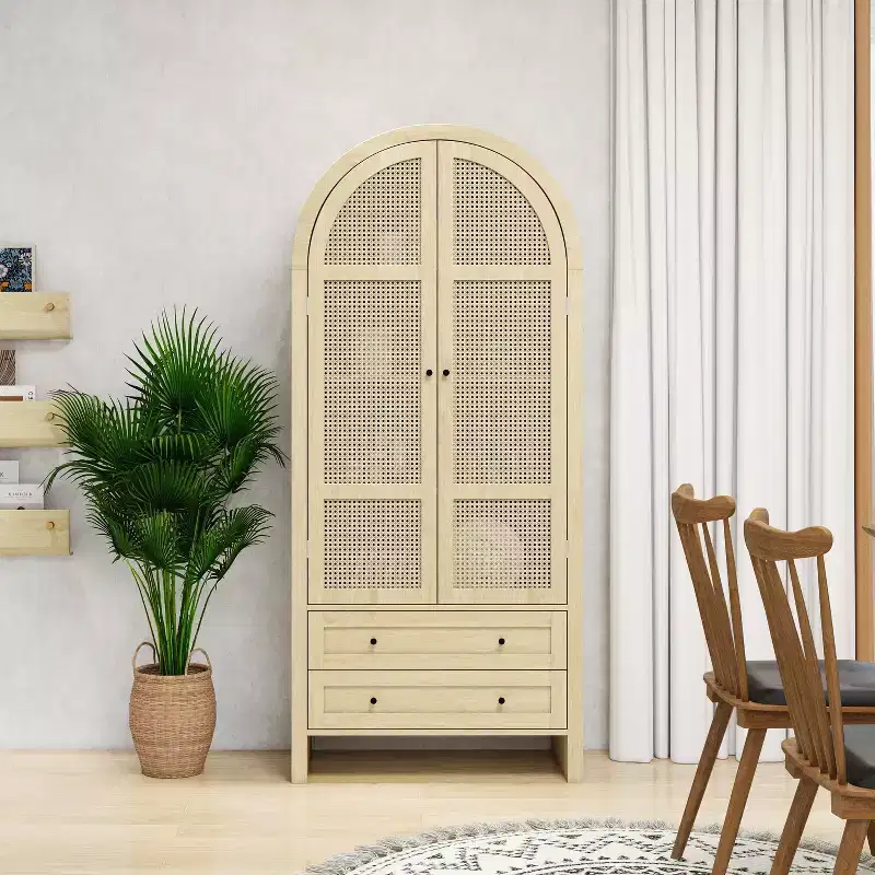 Arched Kitchen Pantry Cabinet, Tall Cabinet with 2 Drawer & Rattan Door, Versatile Cupboard for Living Room Dining Room, Natural