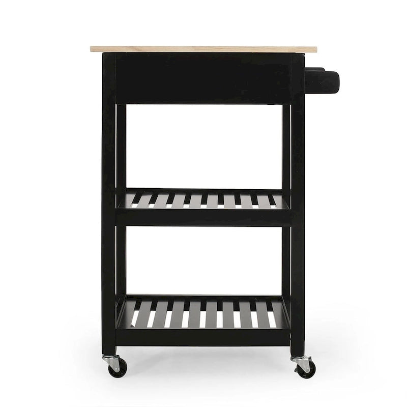 Compact Rolling Kitchen Cart with Rubberwood Top Drawer 2 Slatted Shelves and Towel Rack