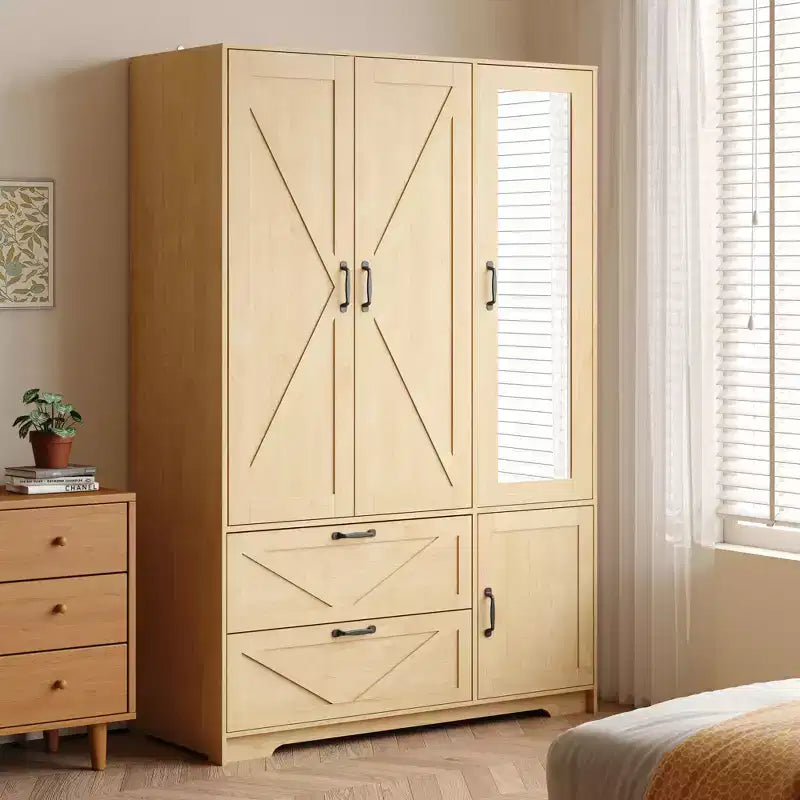 JVNOXK Four-door wardrobe with mirror, doors, and two drawers; wooden storage cabinet with hanging rod and adjustable shelves; natural