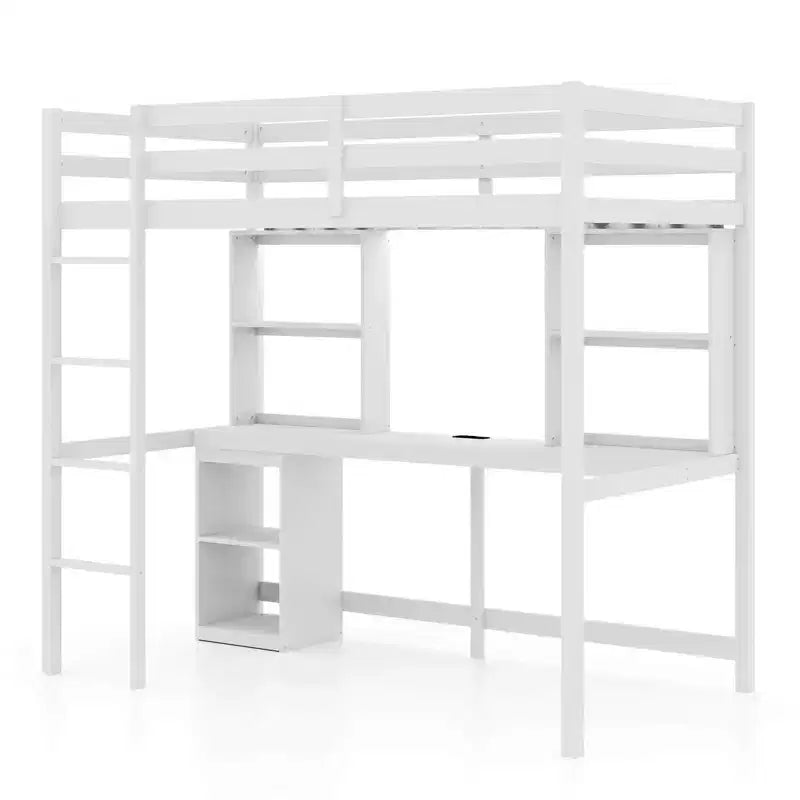 Twin Loft Bed with LED Light & Power Outlet, Desk, Storage Shelves & Cabinet