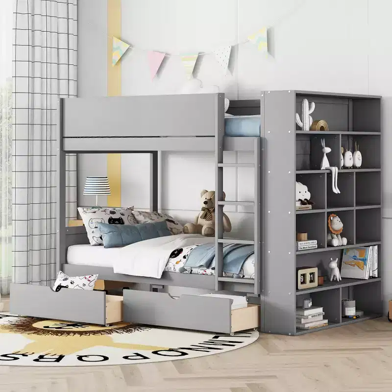 Twin Over Twin/Full Over Full Bunk Bed with 2 Drawers and Multi-Layer Cabinet, White/Gray