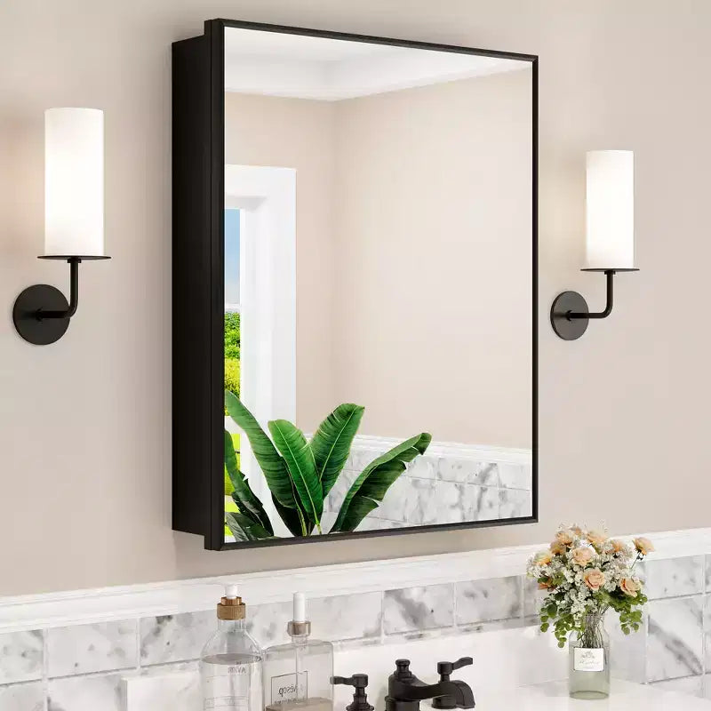 Recessed or Surface-Mount Bathroom Medicine Cabinet with Mirror and Adjustable Tempered Glass Shelves