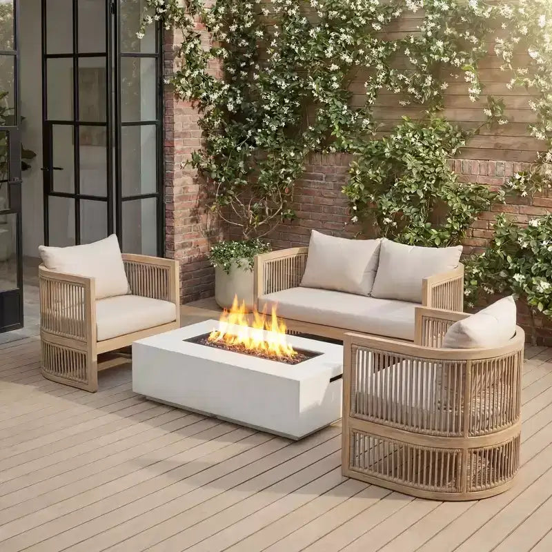 Christopher Knight Home Carolina 4 Piece Boho Outdoor Acacia Wood Rope Seating Set with Lightweight Concrete Firepit Table