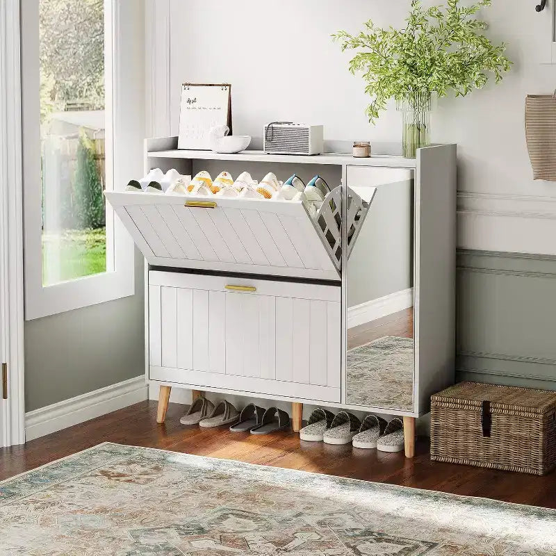 Modern White Shoe Cabinet with Mirror, 2 Flip Drawers & Side Storage, Freestanding Organizer with Adjustable Shelves for Hallway, Bedroom,Living Room