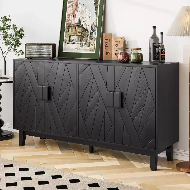 55 Modern Black Sideboard Buffet Cabinet, 4-Door Engineered Wood Credenza with Abstract Geometric Line Pattern & Solid Wood Legs - Panipeachy