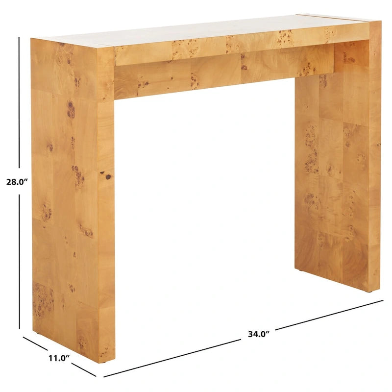 Natural Burl Wood Console Table for 1, 34W x 11D x 28H
