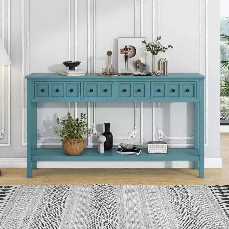 60 Rustic Console Table with 4 Drawers and Bottom Shelf, White