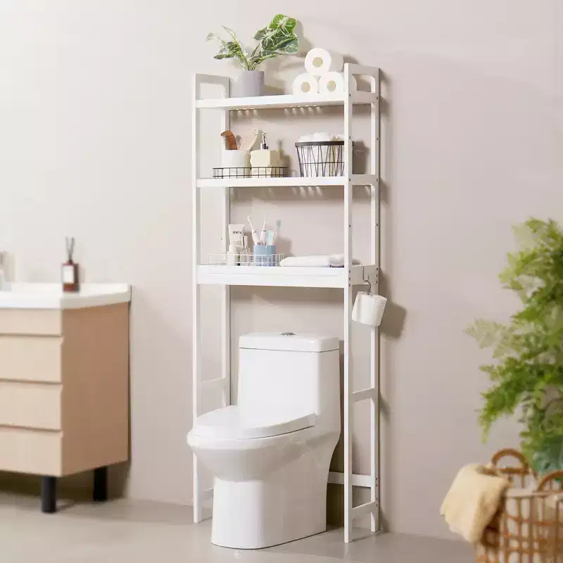 VEVOR Over the Toilet Storage, 3-Tier Adjustable Over Toilet Bathroom Organizer, Bamboo Storage Shelf Rack with 3 Hooks, Fit Most Toilets, White