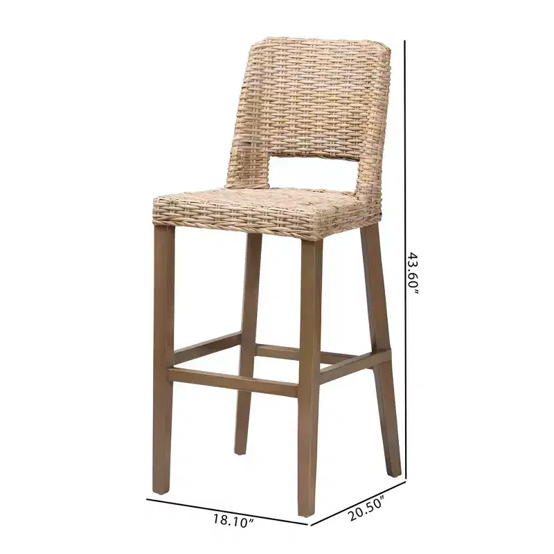 bali & pari Magy Rattan and Mahogany Wood Barstool Kubu Gray/Rustic Taupe