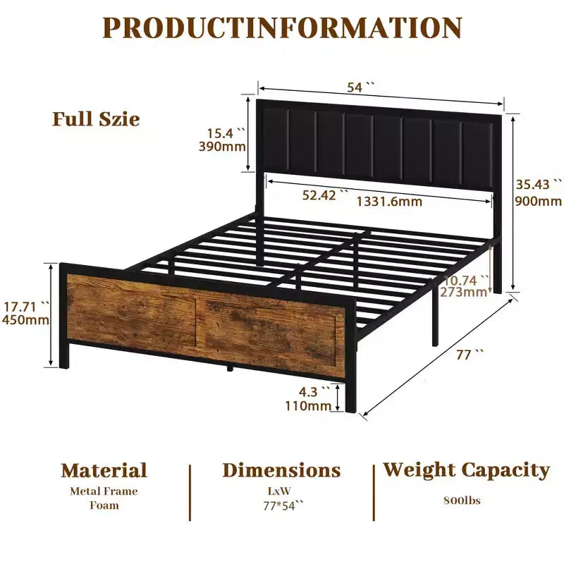 Dyonery vintage bed frame, headboard leather soft cover + high-density sponge, no box spring design, easy to install