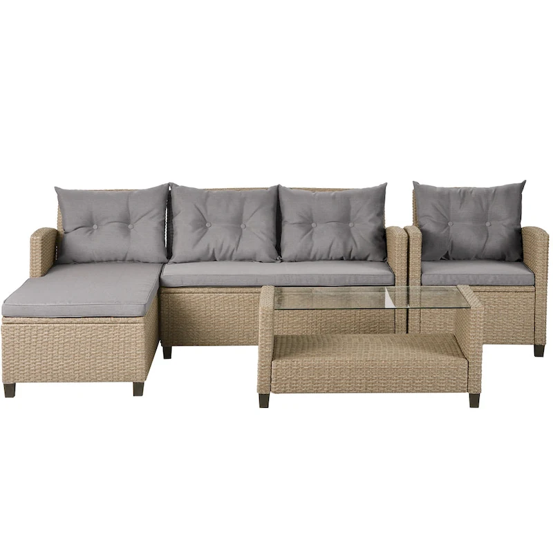U_STYL4 Piece Conversation Set Wicker Ratten Sectional Sofa with Seat Cushions