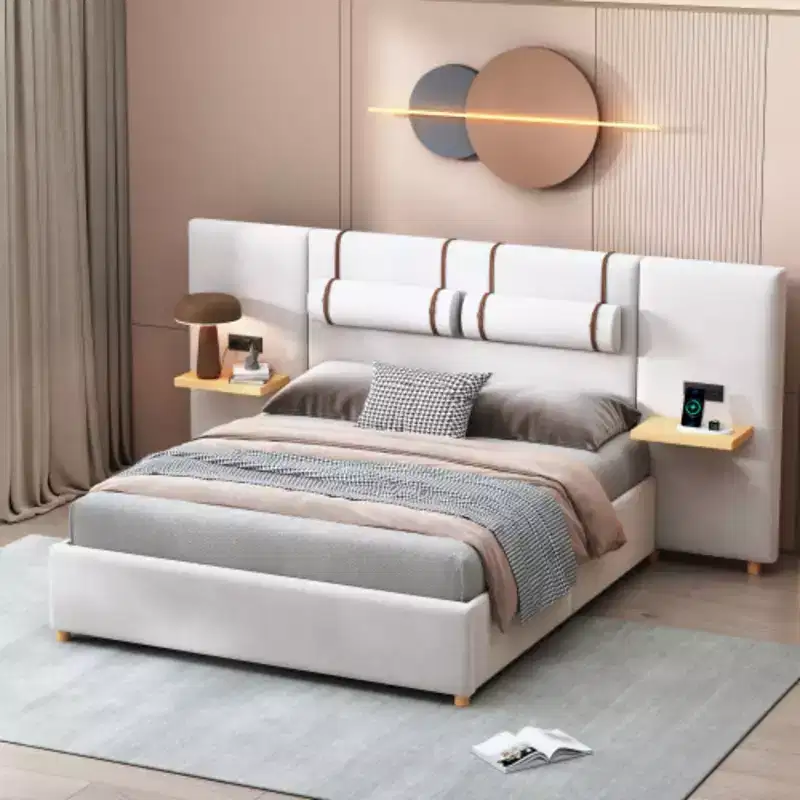 Queen Size Velvet Upholstered Platform Bed with USB Charging & Storage Shelves – Beige / Gray