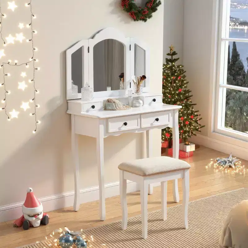 31.5-Inch Three-Sided Beveled Mirror Wooden Vanity with 2 Drawers and Stool, White