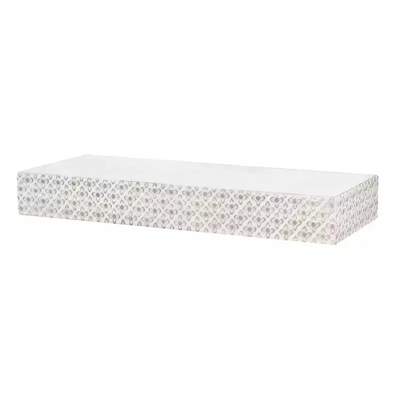 Small Embossed Wood Floating Decorative Wall Shelf, White, 24.25