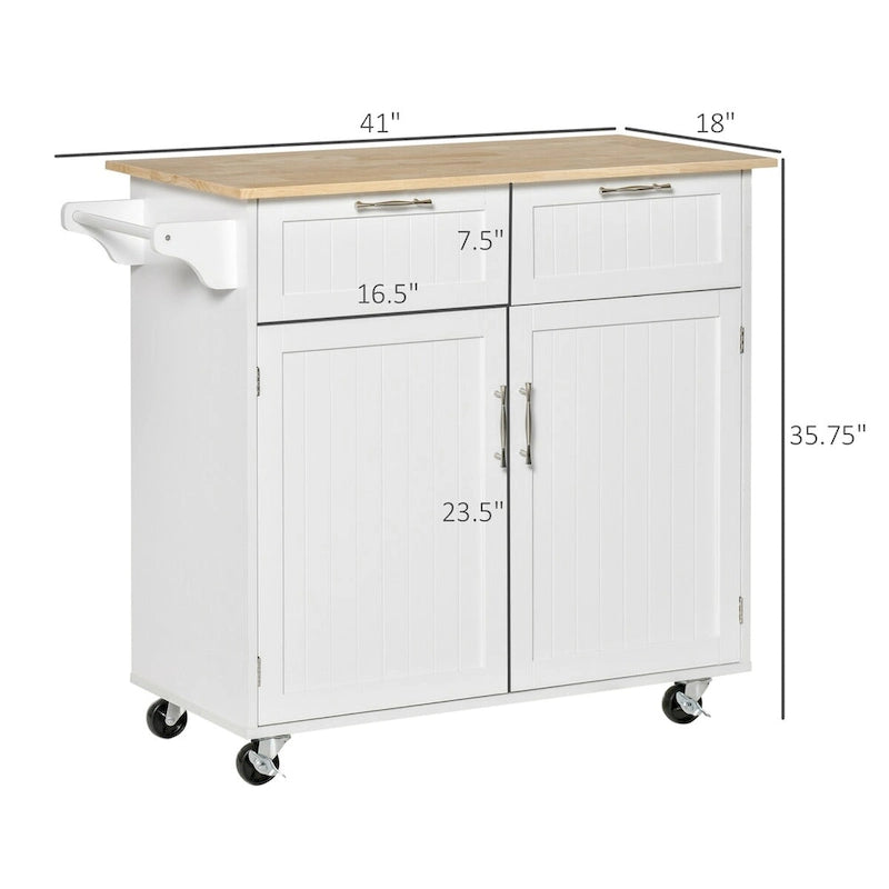 White Rolling Kitchen Island Cart with Drawers Cabinet and Towel Rack