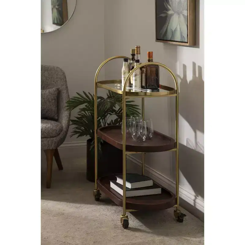 Kate and Laurel Maxfield Oval Wood Bar Cart, 26x13x36, Walnut Brown and Gold