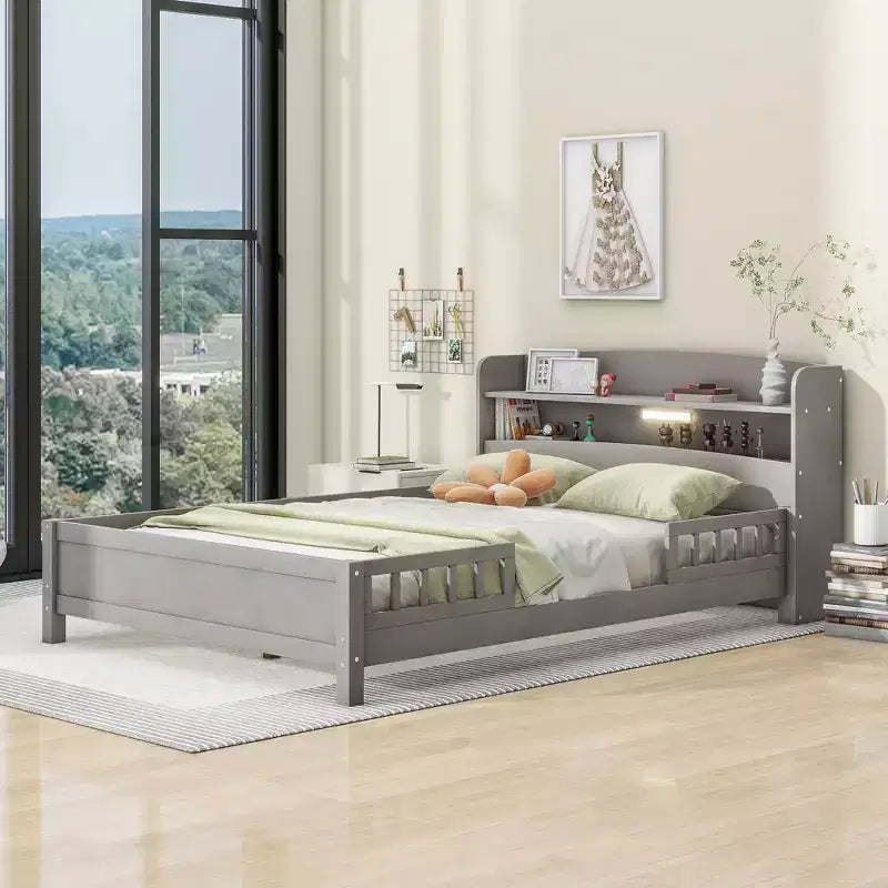 Whisen Wood Full Size Platform Bed with Built-in LED Light, Storage Headboard and Guardrail