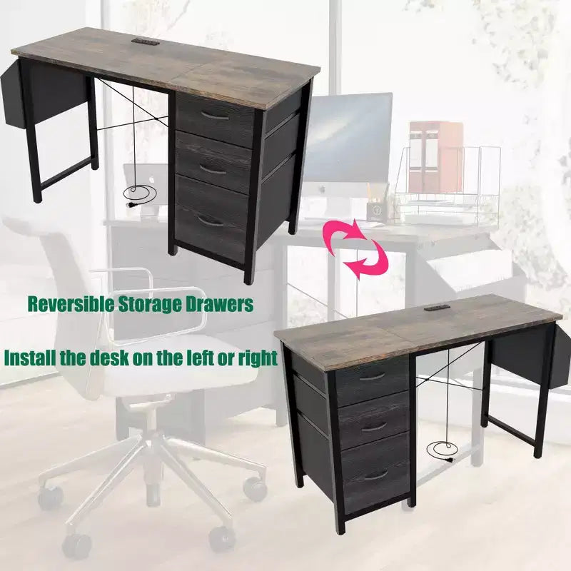 Modern Home Office Computer Desk with Drawers & Shelves, Writing Desk with Side Bag for Study & Office