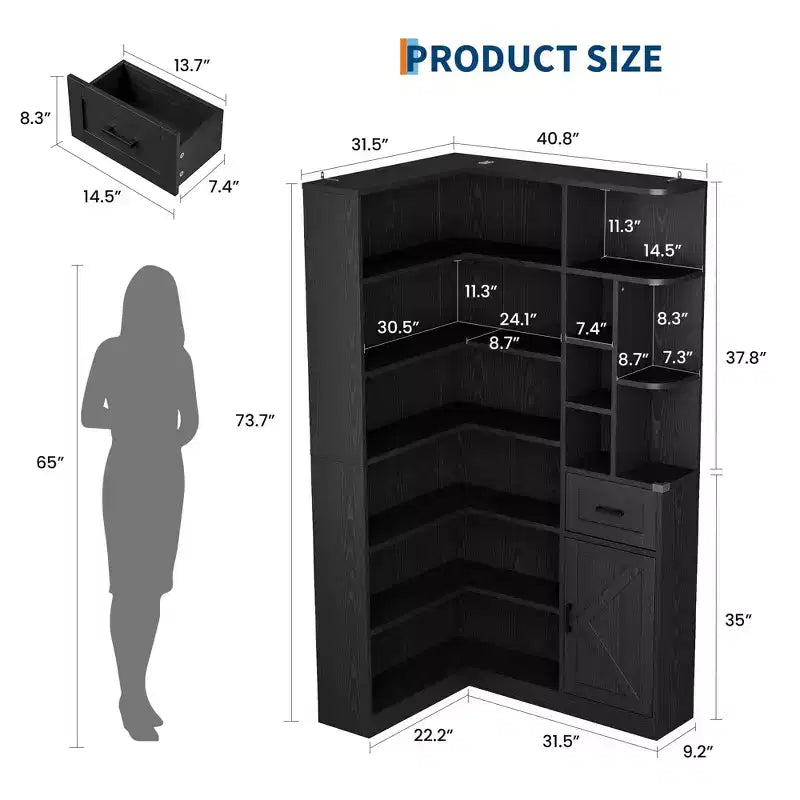 6-Tier L-Shaped Corner Bookcase with Open Shelves and Storage Drawer