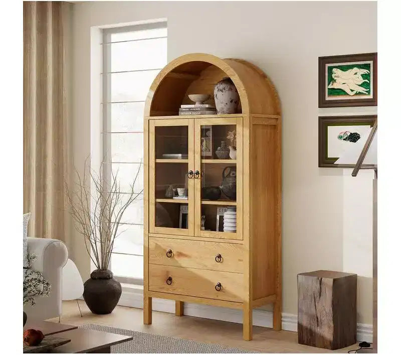 71 Display Arched Storage Cabinet with Tempered Glass Doors, 2 Drawers and Adjustable Shelves, Natural