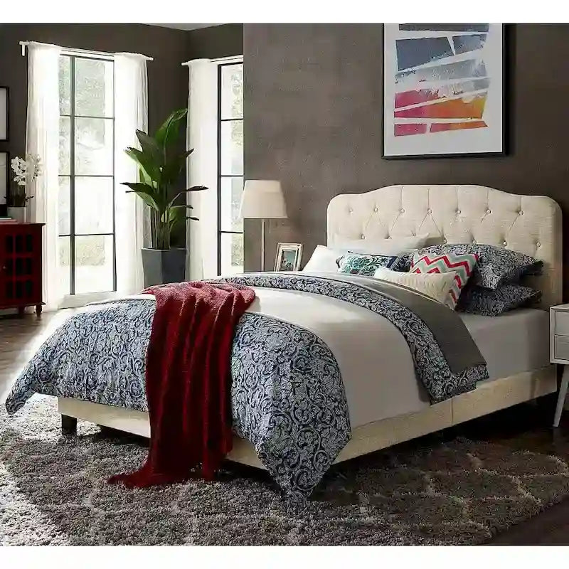 King Size Beige Fabric Platform Bed with Button Tufted Headboard