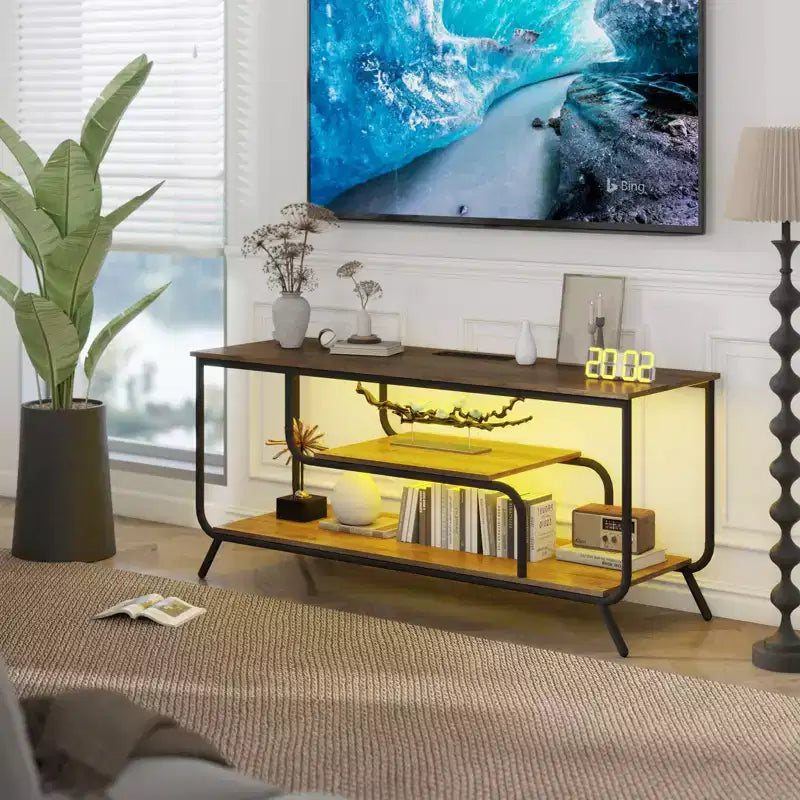 TV Stand with LED Lighting and Built-in Power Strip, Fits TVs up to 55 Inches