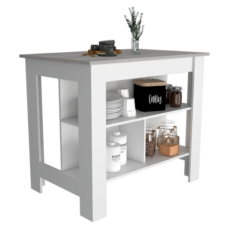 Transitional Kitchen Island with Dark Onyx Top and 3 Open Shelves