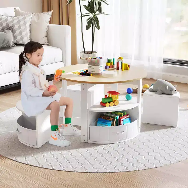 Costway 5 Piece Kids Play Table and Chairs Set Round Nesting Table Toddler Furniture Gray/Natural
