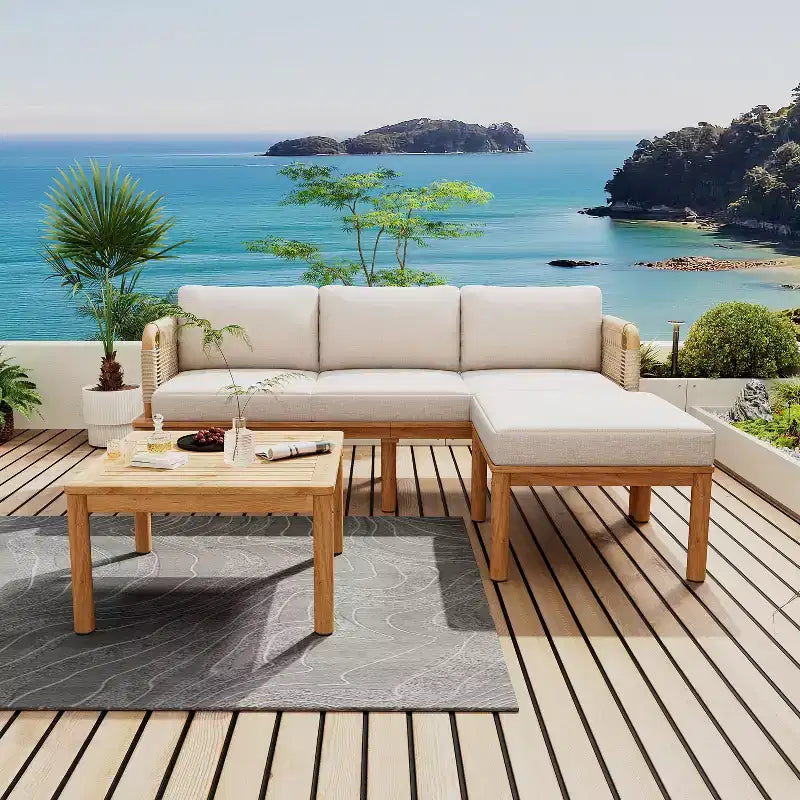 3/4/5pcs Outdoor Sofa Set Patio Conversation Set Outdoor Lounge Furniture Set with Coffee Table&Cushion, Weather-Resistant Frame,Teak+Beige-ModernLuxe