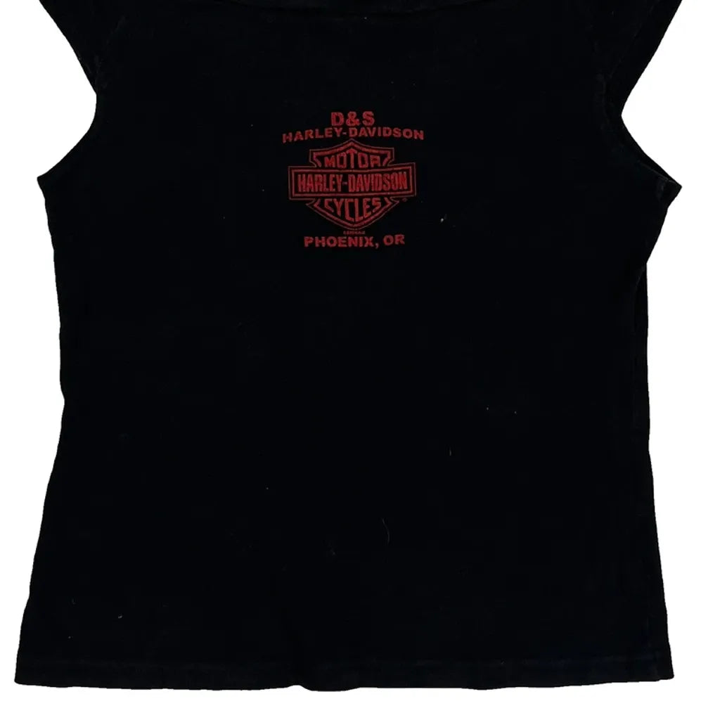 Graphic Sleeveless Top Women Medium Black Cotton Casual Fitted Round Neck
